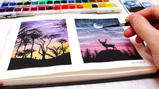 EASY WATERCOLOR PAINTING IDEAS FOR BEGINNERS Watercolor Silhouette Paintings [upl. by Annavoj]