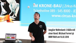 Circus Krone Jongleur Michael Ferreri Weltrekordversuch Jonglieren 3 Bälle in einer Hand  BMW Welt [upl. by Siuluj20]