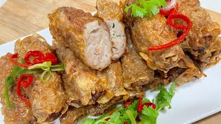 Fried crispy tasty dimsum bean curd  tofu skin fuchuk rolls  腐皮卷 [upl. by West]