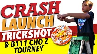 Beyblade Trick Shot  Crash Launch Plus Random Booster Beyblade Burst Tournament [upl. by Ycnalc549]