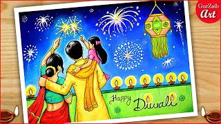 How to Draw happy Diwali Drawing  Indian festival Deepawali poster making  Diwali painting [upl. by Cherin738]