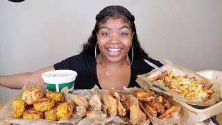 WINGSTOP MUKBANG WITH 3 FLAVORED CHICKEN WINGS VOODOO FRIES AND CORN [upl. by Pomeroy934]