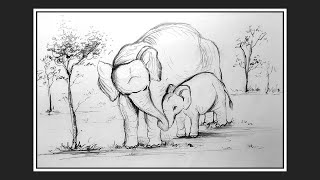 How to draw an Elephant and Her Calf mothers love pencil sketch  Chitro Srijon [upl. by Walton694]