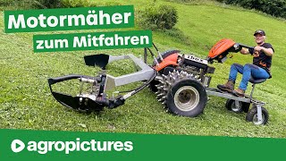 Motormäher zum Mitfahren  Ibex G2 mit Trittbrett Wagen und Fernsteuerung  Mähen am Steilhang [upl. by Corydon]