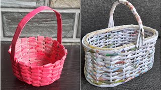 How to make Newspaper Basket  2 DIY Basket out of Paper  Unique Patterned Fruit Baskets [upl. by Affrica]