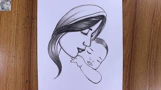 How to draw Mothers day step by step easy for beginners  Drawing mother and her baby soon [upl. by Tanney1]