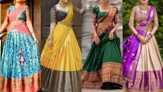 Latest Pattu Half Saree Designs for Girls 2023  Langa Voni Designs  Silk Lehenga Designs [upl. by Kcirttap]