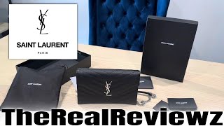 YSL CASSANDRE ENVELOPE CHAIN WALLET IN GRAIN DE POUDRE LEATHER  REVIEW [upl. by Antoni]