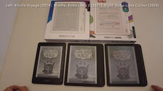 Screen compare of NEW Kobo Libra Colour vs Kobo Libra 2 vs Kindle Voyage in different conditions [upl. by Eilerua]