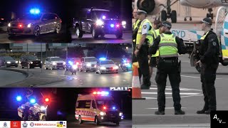 KING CHARLES III amp CAMILLA ARRIVE  SYDNEY AIRPORT  Large Police Operation  Motorcades [upl. by Anierdna]