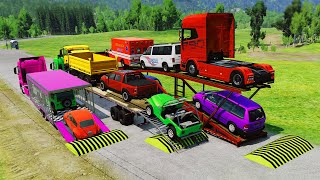 TRANSPORTING PIXAR CARS amp FRUITS WITH COLORED amp JOHN DEERE vs CLAAS vs TRACTORS  BeamNGdrive 962 [upl. by Monia]