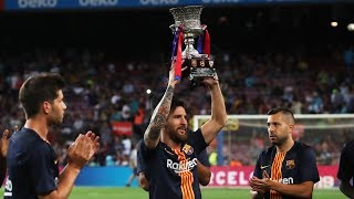 Leo Messi presents the Spanish Super Cup to Camp Nou [upl. by Lleral]