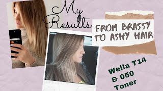 Toning Brassy Hair with Wella T14 and 050 Toner to Ashy Blonde [upl. by Skilken350]