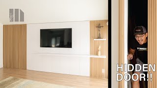 How To Build Slat Feature Wall With Hidden Door  Living Room Remodel  Woodworking [upl. by Dorena251]