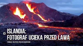 Wulkan na Islandii Fotograf ucieka przed lawą płynącą w jego kierunku [upl. by Ulund]