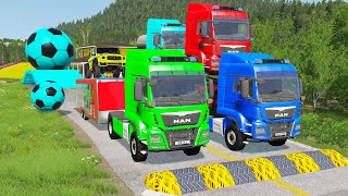 Double Flatbed Trailer Truck vs Speedbumps Train vs Cars  Tractor vs Train BeamngDrive 058 [upl. by Dibbell]