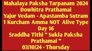 Mahalaya Paksham 24 Yajur Vedam Apastamba Sutram 1 Kurcham Amma NOT Alive Day 16 Prathamai 031024 [upl. by Kary484]