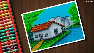 Village scenery drawing with Oil Pastels for beginners  step by step [upl. by Esilehs]