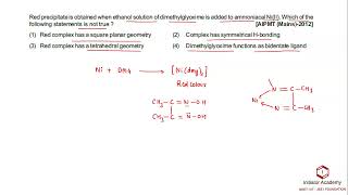 Red precipitate is obtained when ethanol solution of dimethylglyoxime is added to ammoniacal NiII [upl. by Nahgrom]