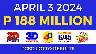 Lotto Result April 3 2024 9pm PCSO [upl. by Eelra826]