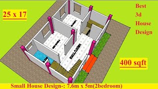 25x17 feet Small House Design  76 x 5 meter House Plan with 2Bedroom  425 sqft 3d Home [upl. by Enymzaj]