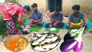 SMALL FISH curry with BRINJAL cooking in traditional method by tribe family l Village life [upl. by Hahnert224]