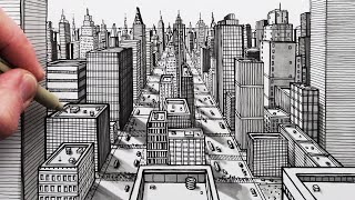 How to Draw a City using 1Point Perspective Pen Drawing [upl. by Hareemas]