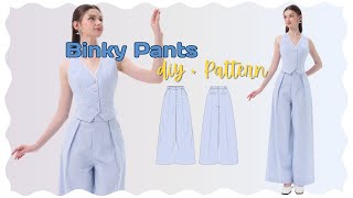 DIY Binky Wide Leg Pleated Pants  PDF Digital Sewing Pattern Easy to sew a single welt pocket [upl. by Anneuq]