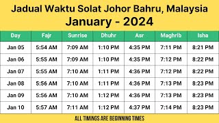 Johor Bahru Prayer Times January 2024  Jadual Waktu Solat Johor Bahru Malaysia [upl. by Sklar]