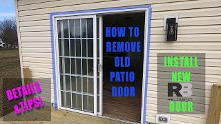 How to remove patio sliding door on vinyl siding  how to install Reliabilt patio door from Lowes [upl. by Einnor]