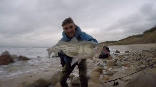 Working the White Water Storm Striped Bass Surf Fishing w bucktails [upl. by Conlan510]