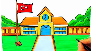 Kolay Okul Çizimi 🏫 Okul Çizimleri  Okul Resmi Nasıl Çizilir  Okul Çizilişi  Drawing a School [upl. by Eetnwahs302]