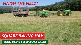 Finish The Field Making Square Bales wJohn Deere 5055d JD 348 Baler amp 42 Pan Kicker [upl. by Tessy]