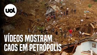 Petrópolis vídeos mostram deslizamentos carros arrastados e destruição [upl. by Acirat]