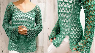 Blusa calada con cuello V a crochet Vneck crochet blouse  Tutorial [upl. by Kcolttam834]