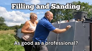 Filling Sanding and Priming our narrowboat to get a professional finish [upl. by Larisa]