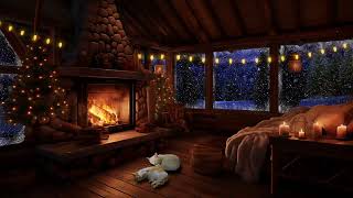 Winter Night with Wind Snow Crackling Fire amp Sleeping Cats  Cozy Winter Ambience [upl. by Srevart924]