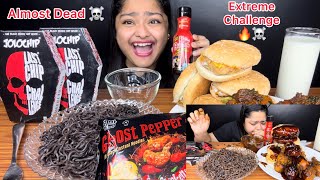 EXTREME SPICY CHALLENGE ☠️ ALMOST DEAD 💀 GHOST PEPPER NOODLES SAMYANG FIRE SAUCE amp JOLOCHIPS 🔥 [upl. by Roselin]