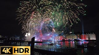 London 2023 New Years Celebration London Eye Lightshow and Fireworks  from Embankment  4K HDR [upl. by Eerahs]