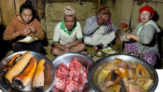 Buff Skin and Bone Dish Recipe Soup  Nepali Village Style Cooking amp Eating  nepali village vlog [upl. by Hibbitts]