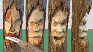 How to EASILY CARVE a funny WOODSPIRIT face sculpture in green wooden stick step by step tutorial [upl. by Jez]