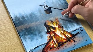 How to Draw a Winter Campfire  Acrylic Painting for Beginners [upl. by Airun346]