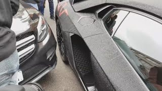 £400000 Swarovski Crystal Lamborghini Aventador SV Nearly Reverses into a Car in London SO CLOSE [upl. by Orr]