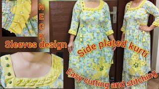 stitchingDesigner side plated kurti of printed fabricsleeves amp neck designviralviralvideovideo [upl. by Delfeena]