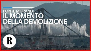 Ponte Morandi il momento della demolizione ripreso da tutte le angolazioni [upl. by Ynabla]