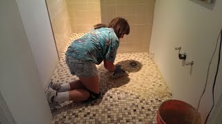 Bathroom Renovation amp Tub to Barrier Free Shower Conversion Part 47Grouting the Tile Floor [upl. by Ruon]