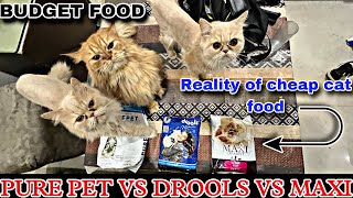 Pure pet vs drools vs maxi cat food review and comparison  reality of budget cat food [upl. by Enela]