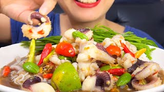 Thaifood ASMR ตำปลาร้าหนวดหมึก นัวๆ ขนมจีน Squid Mustard saladKhanom Jeen MUKBANG show [upl. by Ayatan862]