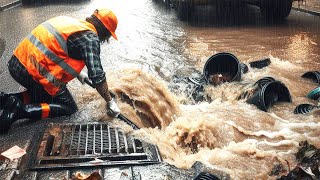 Unclogging Drains to Clear Roads Drainage During Heavy Rainfall [upl. by Tacy]