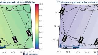 Mapy wizualizujące godziny wschodu i zachodu słońca czas UTC 1 na terytorium Polski [upl. by Enitsed671]